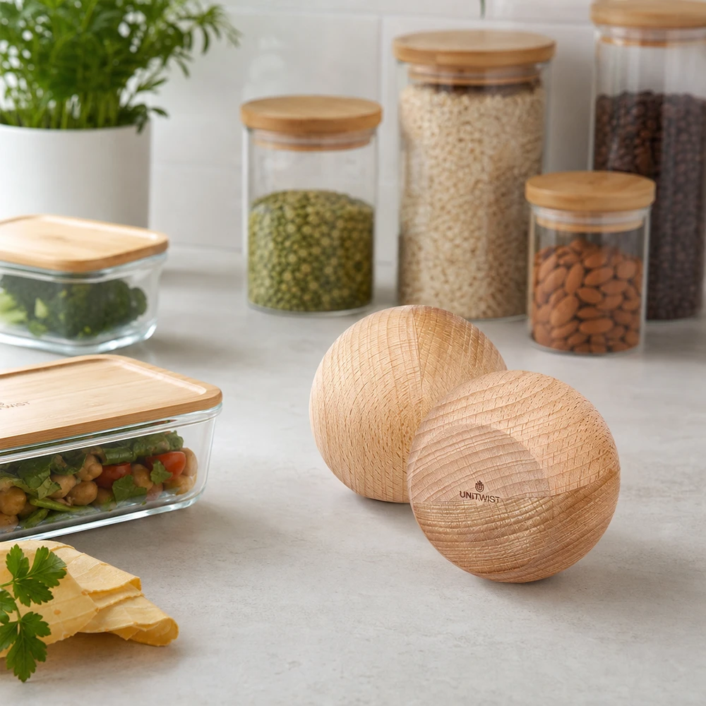 Palla di legno UNiTWIST (faggio) per WECK RR80 UNiTWIST Holzkugeln aus Buche im Küchenambiente - nachhaltige Aufbewahrung mit WECK Gläsern und Vorratsdosen