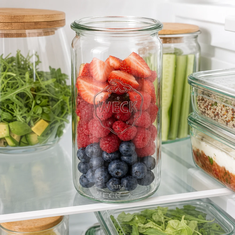 WECK Zylinderglas 340ml RR60 im Kühlschrank mit frischen Beeren befüllt zeigt optimale Frischhaltung und Aufbewahrung