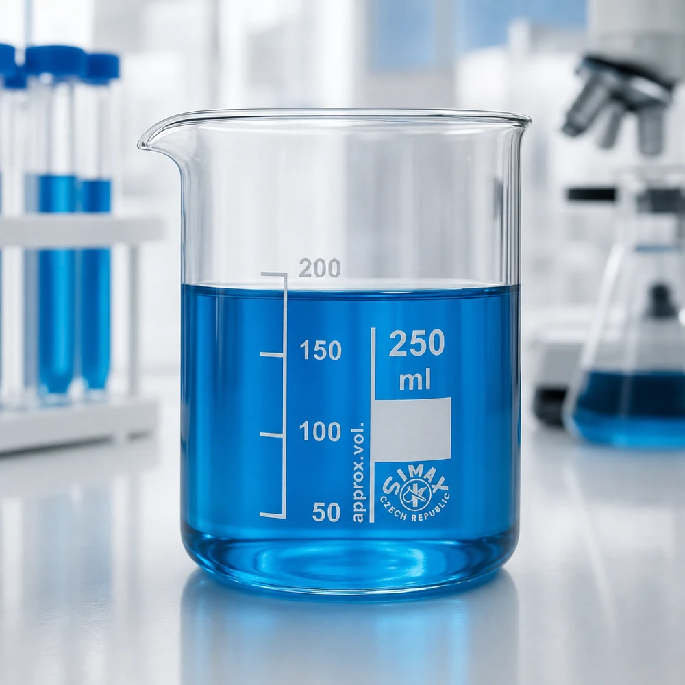 Bicchiere 250ml in vetro borosilicato, forma bassa Bicchiere in vetro borosilicato da 250 ml con liquido blu e marcature di volume chiaramente visibili