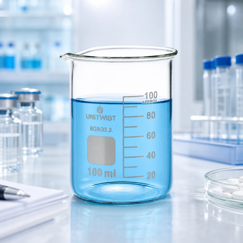 Bicchiere 100ml borosilicato, stampo basso UNiTWIST Bicchiere graduato da 100 ml UNiTWIST Boro 3.3 con beccuccio, modello basso