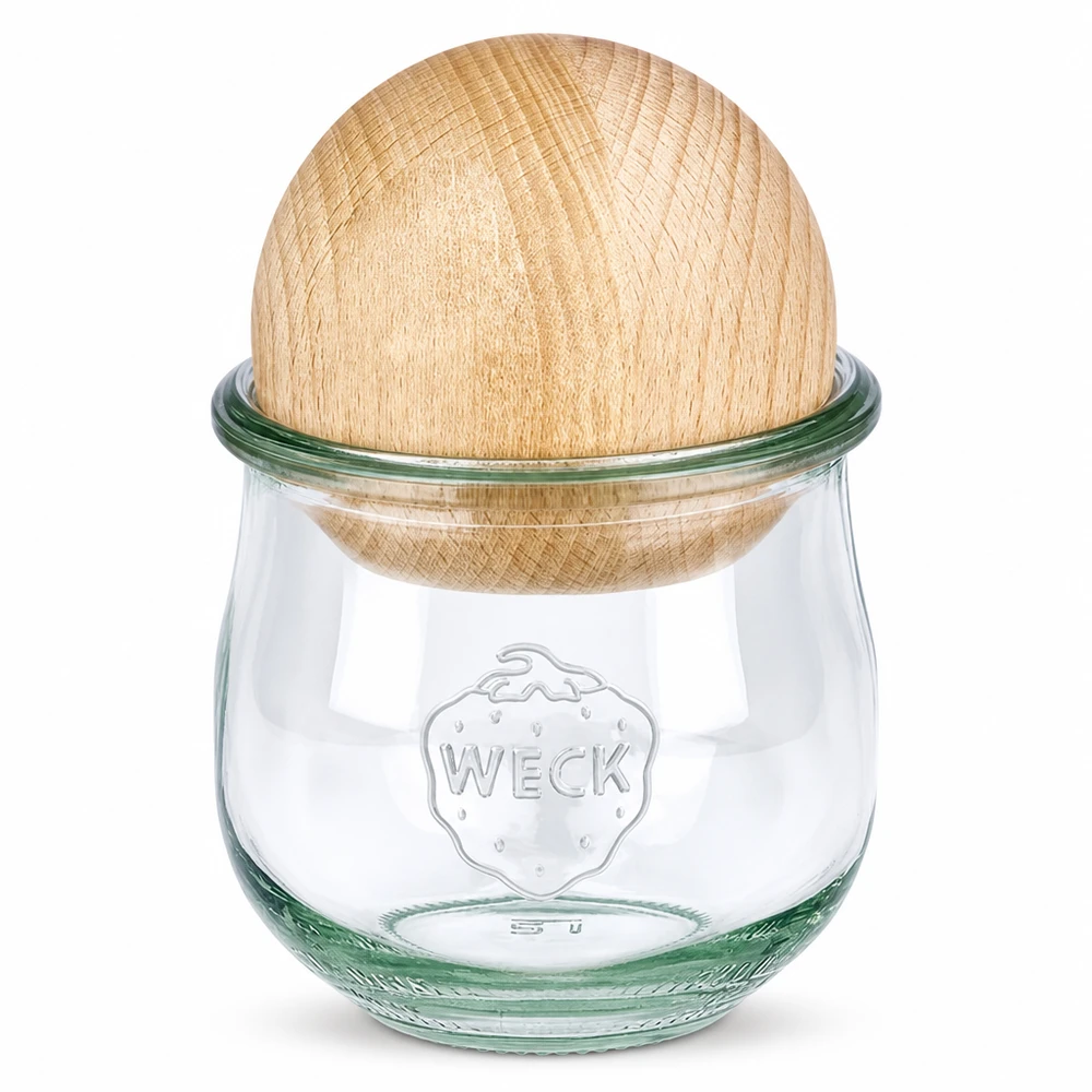 Vaso per tulipani da 370 ml WECK RR80 con sfera in legno di faggio WECK vaso a tulipano RR80 370ml con coperchio a sfera in legno di faggio, vaso per conserve con coperchio in legno di faggio, conservazione sostenibile