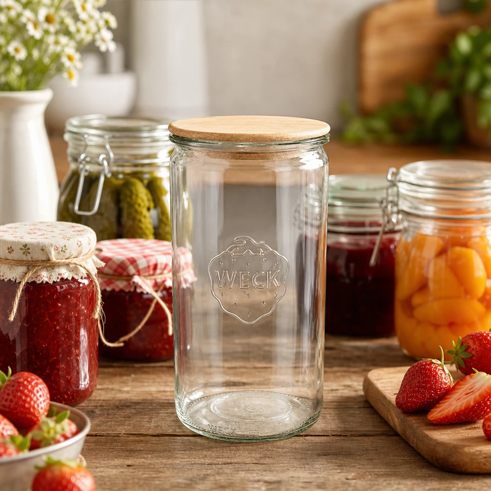 1590ml Zylinderglas WECK RR100 mit Holzdeckel WECK Einmachglas 1590ml RR100 in Küchenszene mit Marmelade Konfitüre und frischen Erdbeeren auf Holztisch
