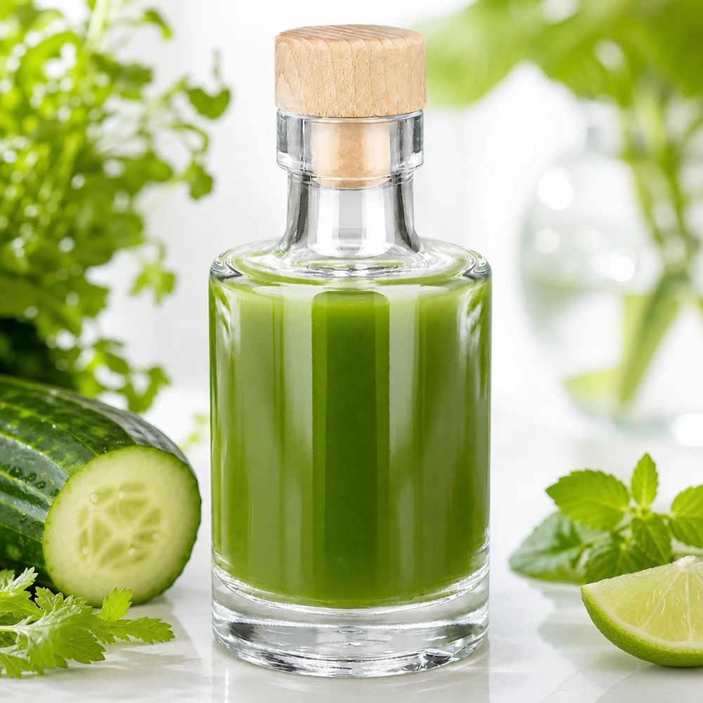 Bottiglia in vetro da 100 ml Marie con tappo in sughero con impugnatura in legno UNiTWIST® Bottiglia di vetro Marie da 100 ml con tappo di legno riempita di frullato verde accanto a cetriolo, lime ed erbe aromatiche fresche.