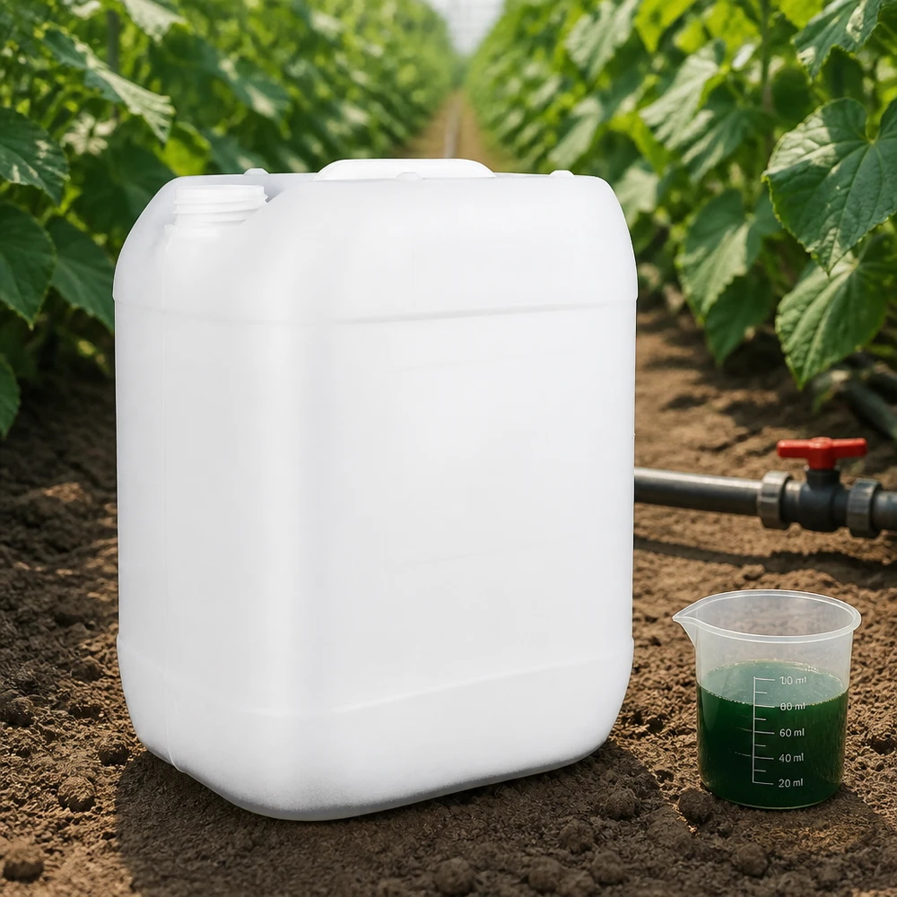 Jerrican de 20 litres sans bouchon Concentré d'engrais pour plantes vertes dans un gobelet doseur, à côté d'un bidon de 20 litres sans bouchon, dans la serre