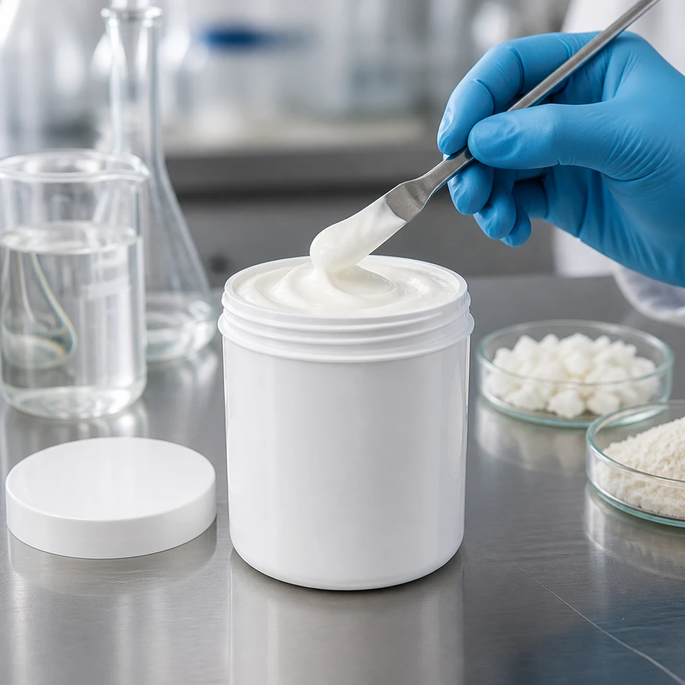 Pot à pommade rond de 500 g en polypropylène résistant, muni d'un bouchon à vis blanc parfaitement adapté