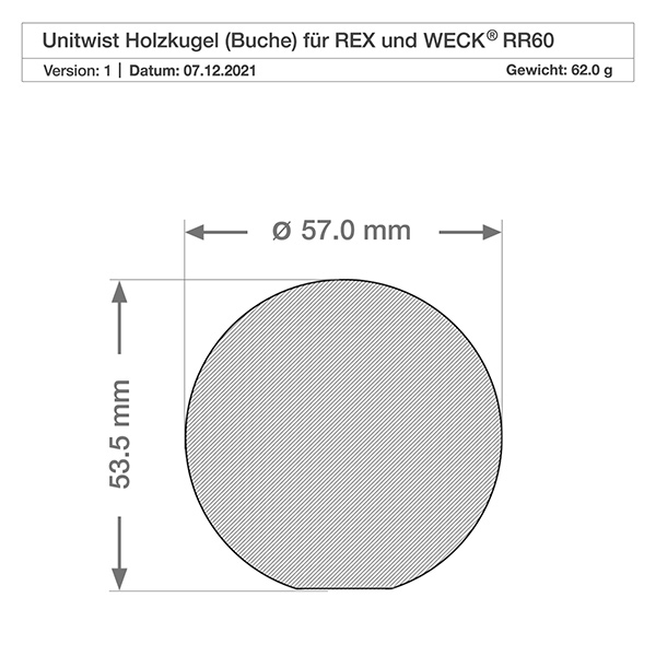 Vaso per tulipani da 220 ml WECK RR60 con sfera in legno di faggio Disegno tecnico coperchio a sfera in legno di faggio WECK RR60 vaso da 600ml dimensioni 57mm diametro 63,5mm altezza peso 62g