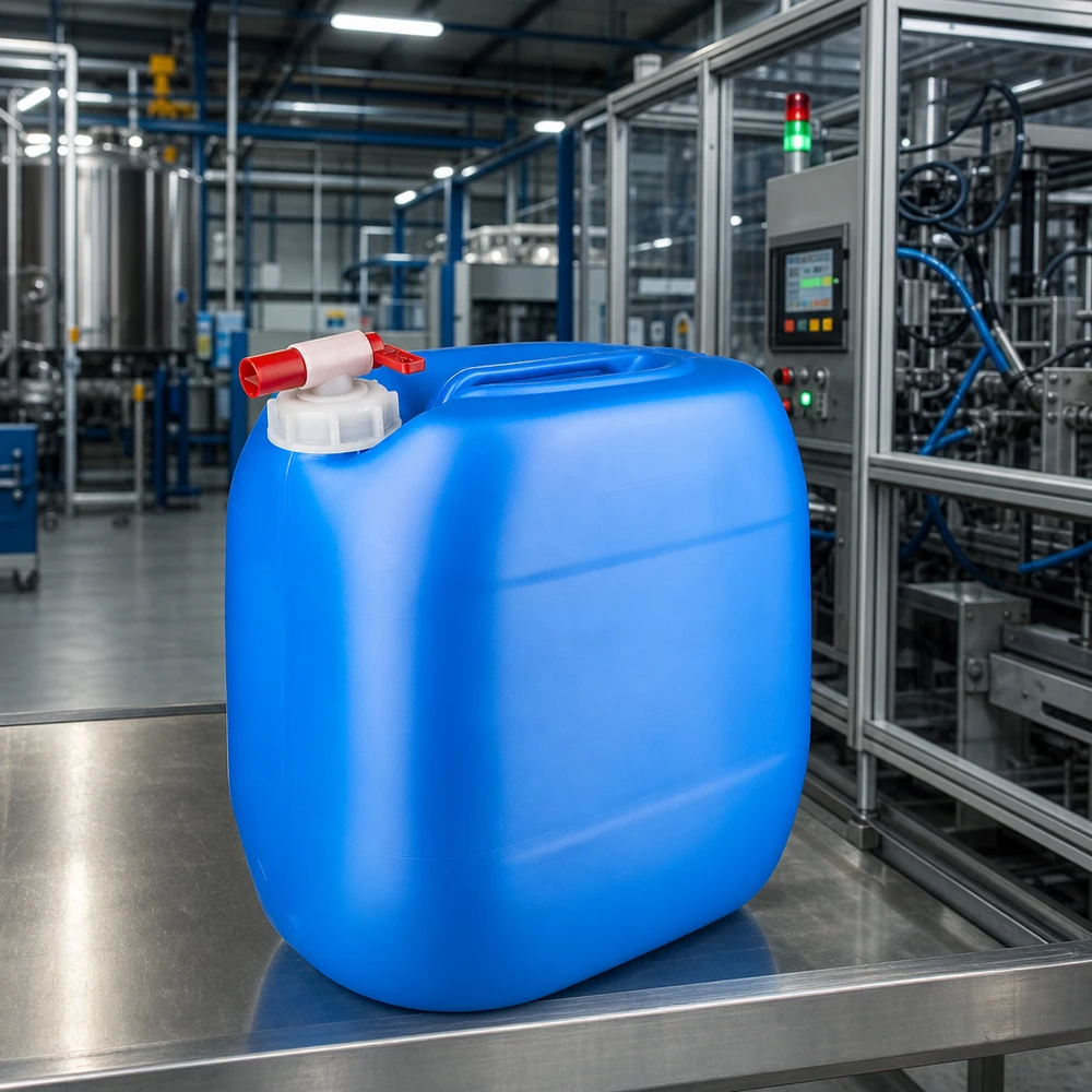 Bidon 30 litres bleu avec robinet Bidon industriel rectangulaire de 30 litres, de couleur bleue, muni d'un robinet de vidange sur une surface en acier inoxydable