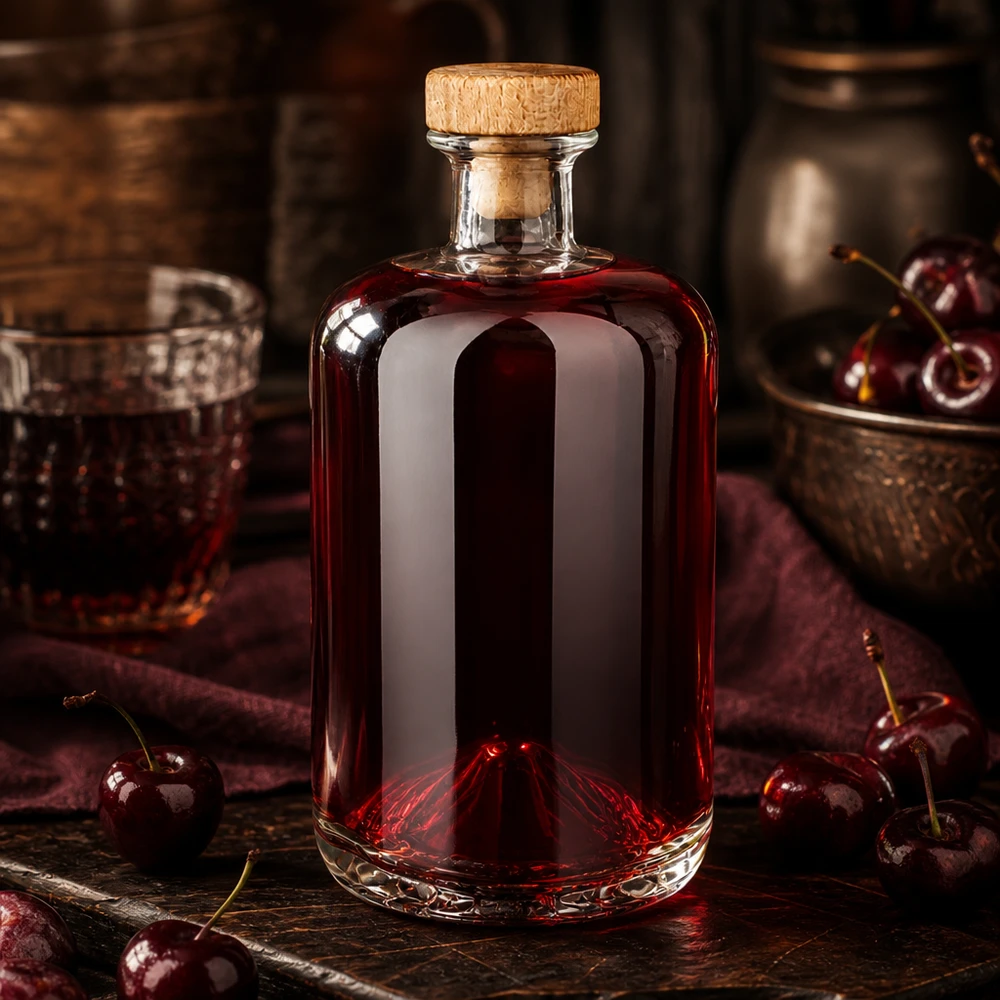 Flacone farmaceutico da 700 ml Sofia con tappo in sughero con impugnatura in legno UNiTWIST® Elegante 700ml Glasflasche Sofia mit Holzkorken gefüllt mit rotem Kirschlikör auf rustikalem Holztisch mit Kirschen