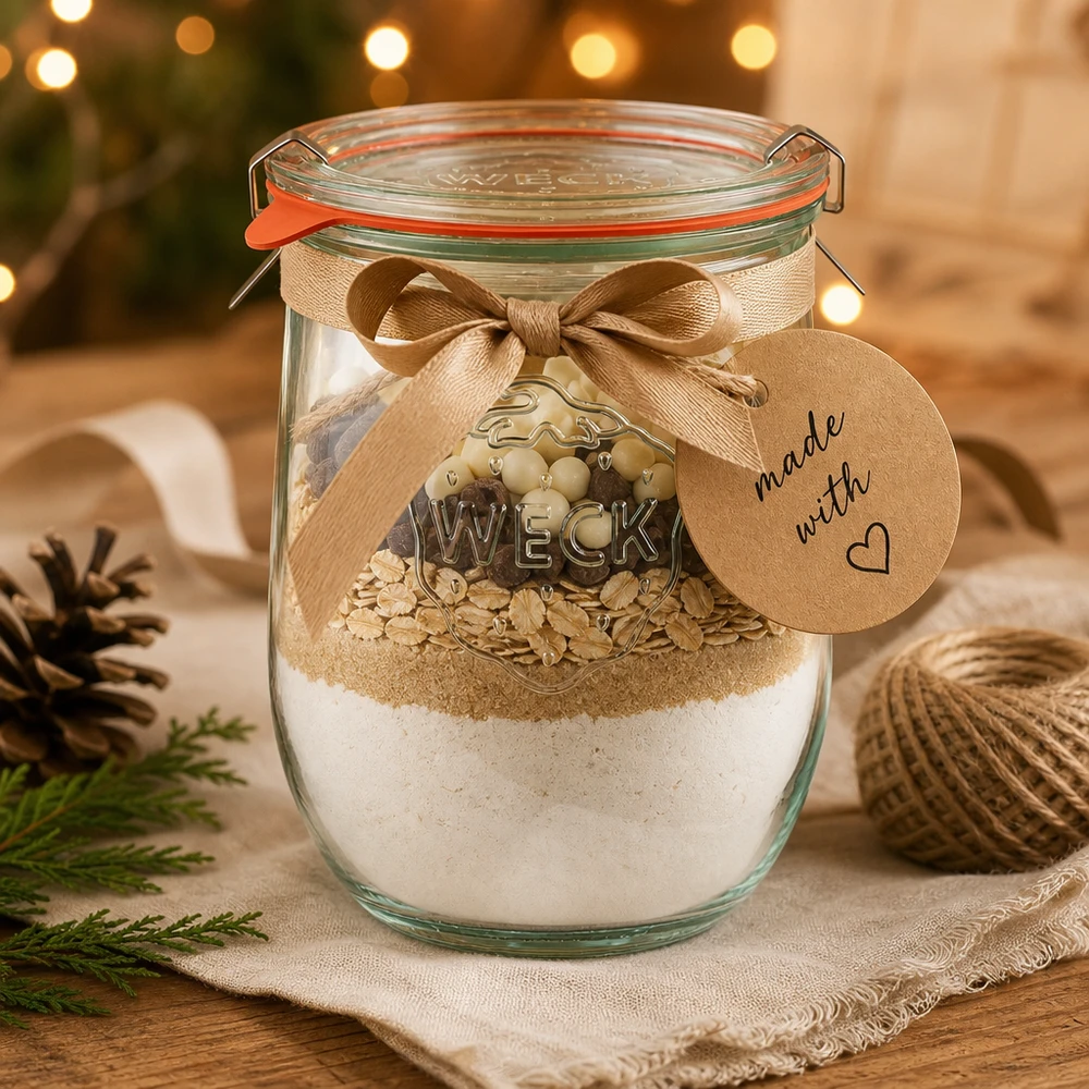 Vaso a tulipano completo da 1062 ml WECK RR100 WECK vaso a tulipano 1062ml RR100 come confezione regalo con fiocco per biscotti e etichetta Made with Love per Natale
