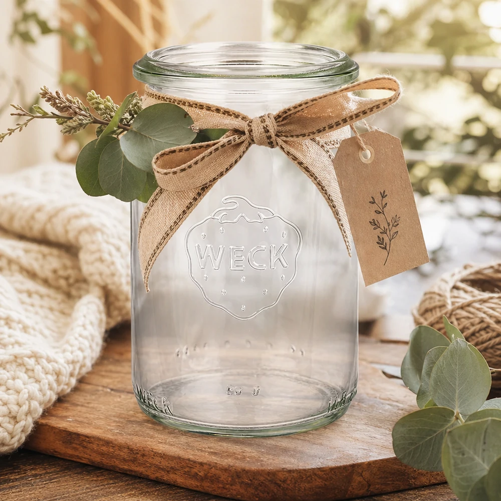 Barattolo cilindrico da 145 ml WECK RR40 WECK vaso cilindrico 145ml RR40 con nastro e ciondolo rustico decorato su tavola di legno con eucalipto