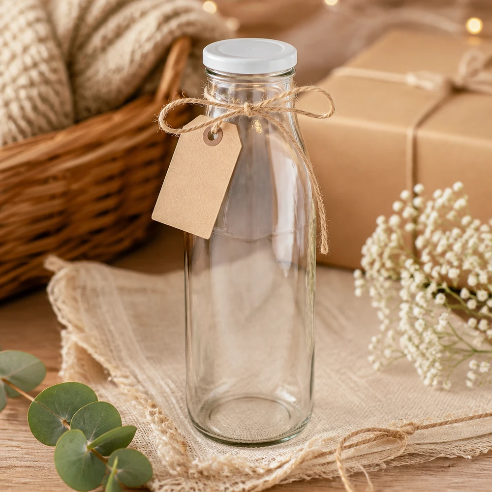 500ml Glasflasche + BasicSeal Deckel weiß UNiTWIST 500ml Glasflasche mit weißem Deckel dekorativ mit Juteschnur und Anhänger rustikales Geschenk-Design