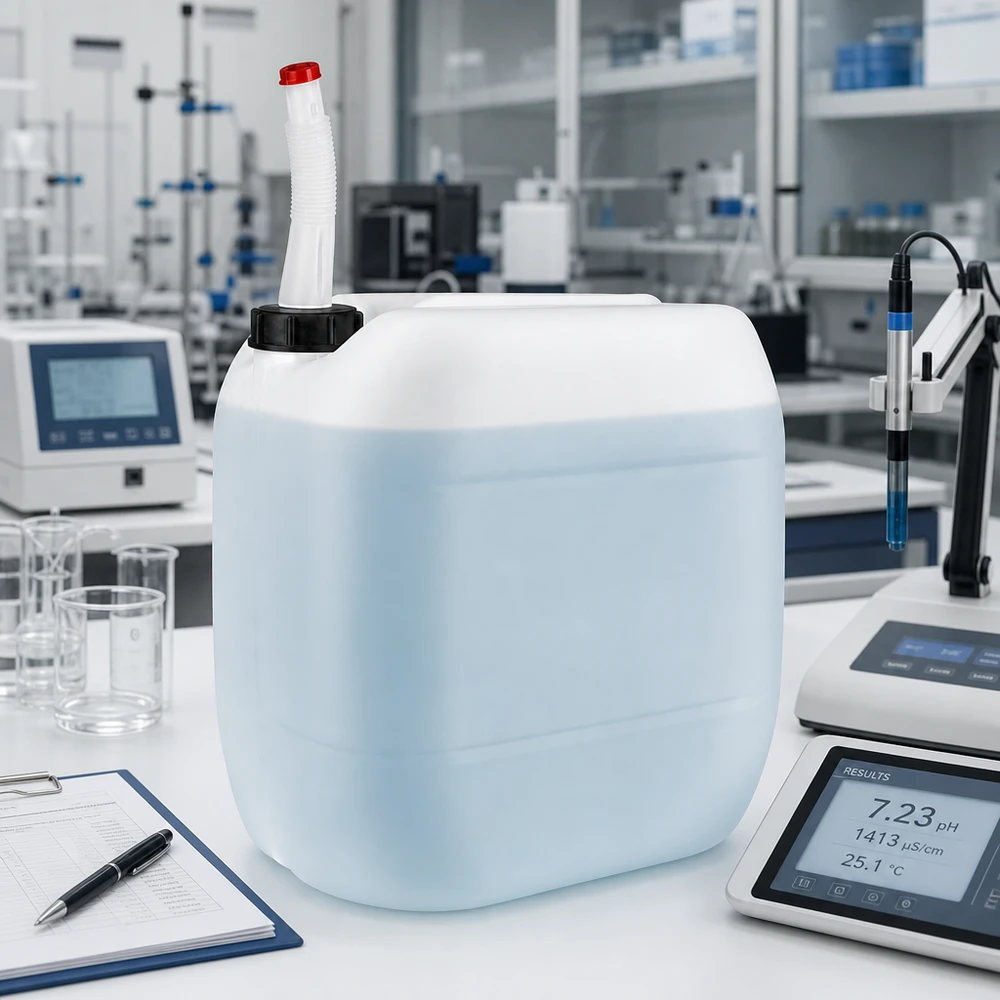 Bidon 30 litres avec tuyau d'écoulement Flex Bidon en PEHD de 30 litres avec bec verseur flexible et bouchon de sécurité rouge, utilisé en laboratoire