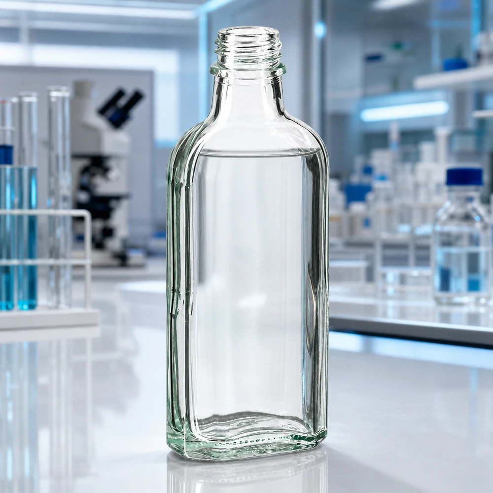 Bottiglia da 100 ml trasparente DIN22 Flacone Meplat piatto da 100 ml in vetro trasparente con filettatura a vite DIN 22 per applicazioni farmaceutiche