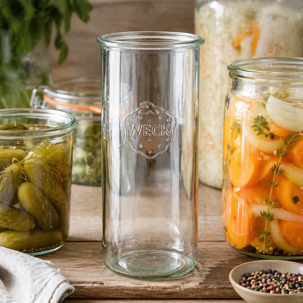 Barattolo di vetro WECK RR100 da 1500 ml WECK RR100 1500ml mason jar vuoto accanto a barattoli pieni di verdure e spezie su un tavolo di legno