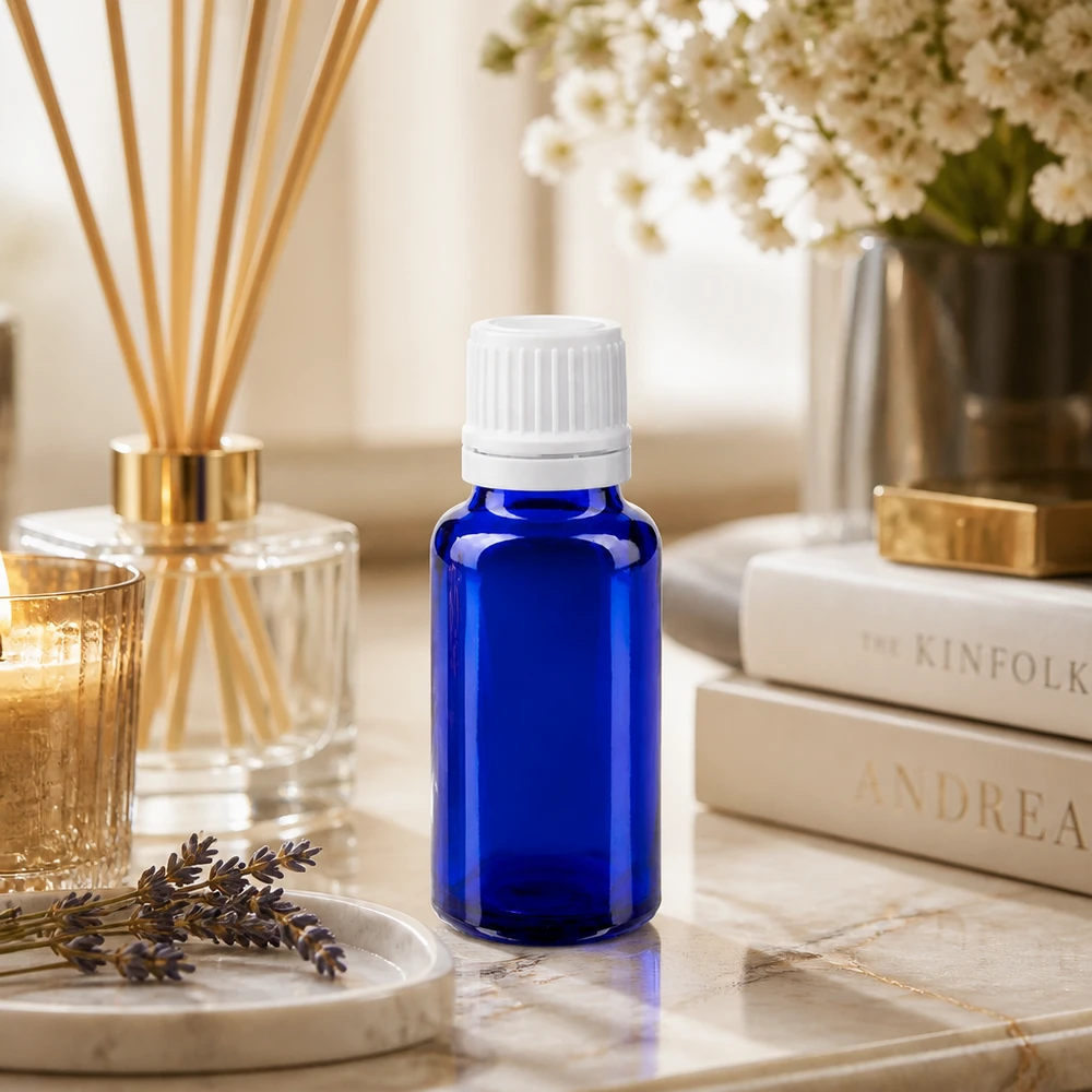 Apothekenflasche blau 20ml Schraubverschluss weiß Originalitätsverschluss Dunkelblaue 20ml Tropfflasche aus Apothekenglas mit weißem 11mm Verschluss für Laboranwendungen