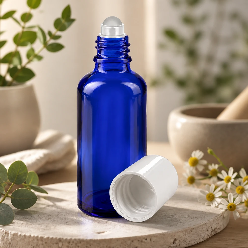 Blaue 50ml Apothekerflasche mit Roll-On Verschluss neben Mörser und Kamillenblüten