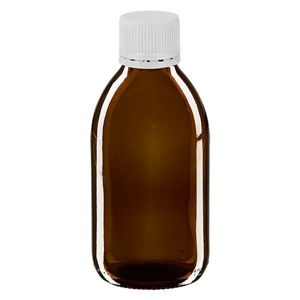 Flacone per medicinali da 250 ml marrone, tappo bianco con chiusura antimanomissione Flacone per medicinali da 250 ml marrone, tappo bianco con chiusura antimanomissione