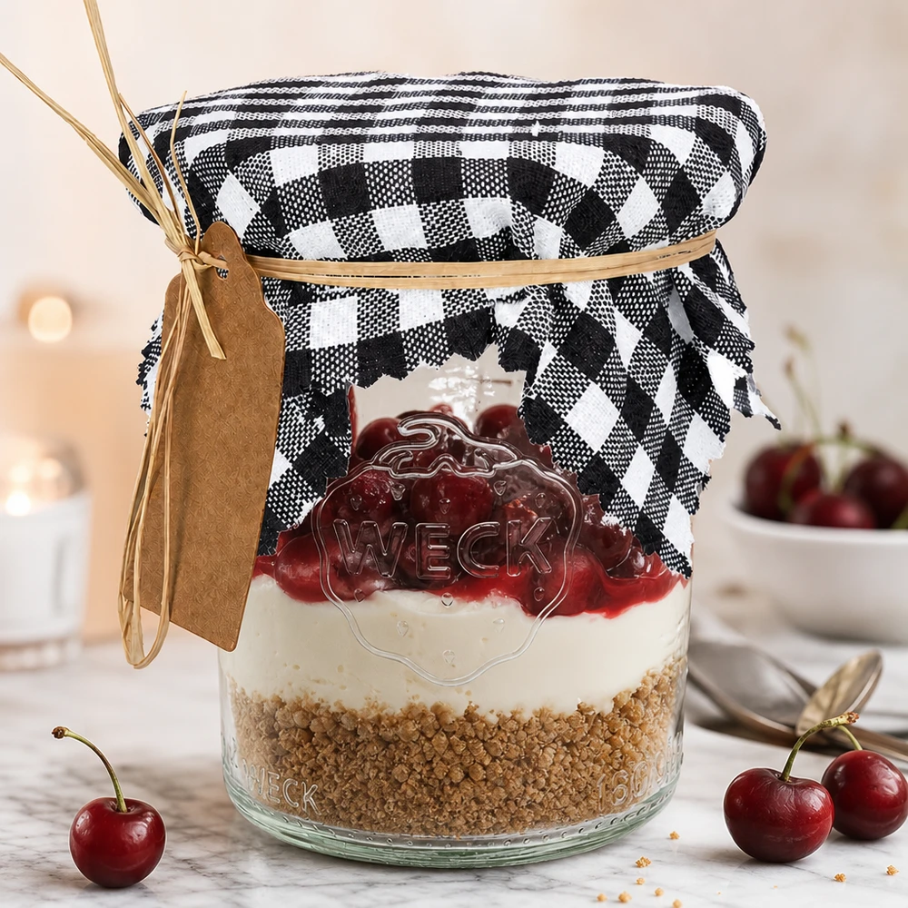 Centrino in tessuto per gioielli a quadretti neri 12 cm quadrati Centrino in tessuto a quadretti Vichy bianco e nero su vasetto da dessert con ciliegie, copri vasetto decorativo quadrato 12cm