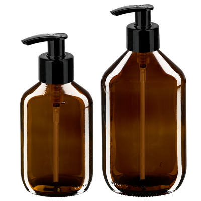 Braunglas Euro-Medizinflaschen mit schwarzer Pumpe