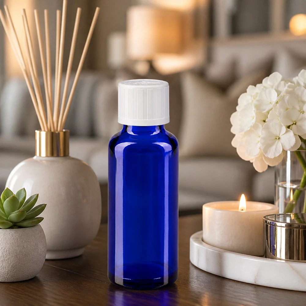 Apothekenflasche blau 30ml Schraubverschluss weiß Kindersicherung Standard 30ml blaues Apothekerglas mit kindersicherem Verschluss für ätherische Öle