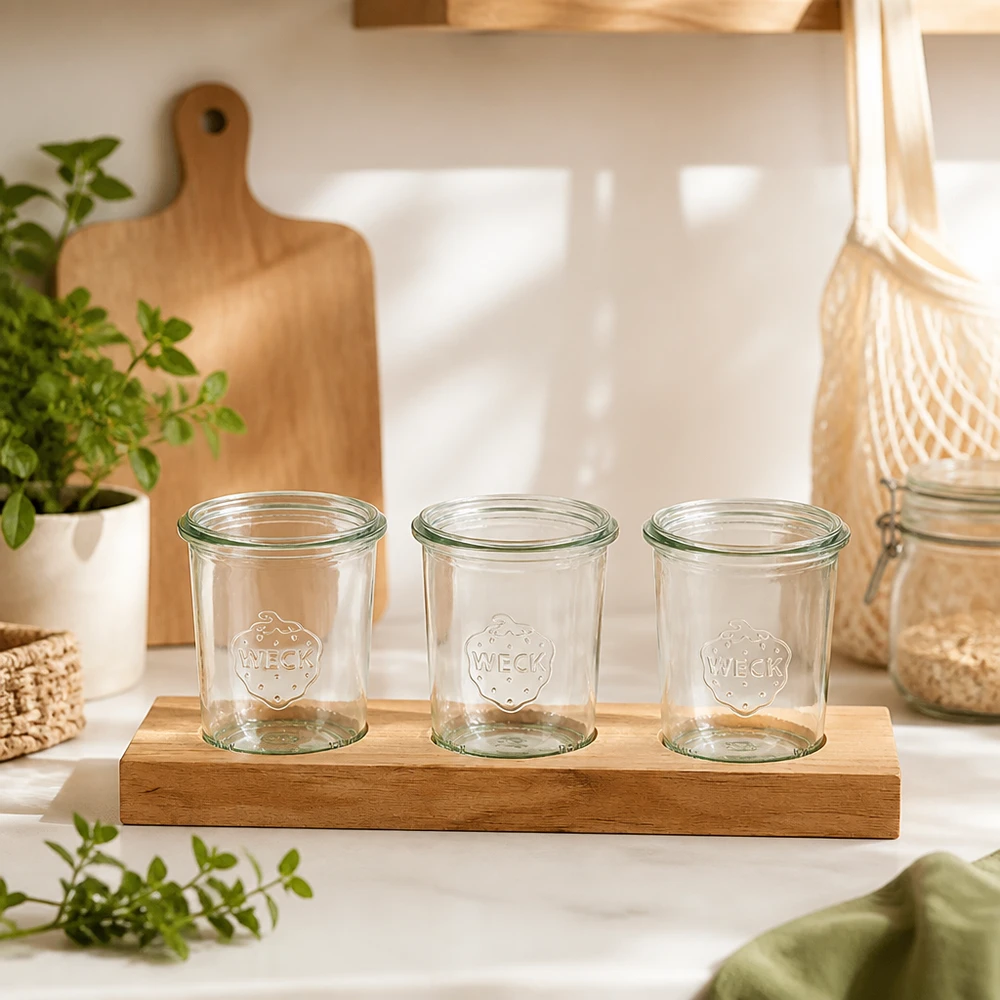 Tagliere Plano3 con 3 vasetti Weck da 160 ml Tre tumbler Weck da 160 ml vuoti su tagliere di bambù Plano3 in una cucina scandinava decorata con piante