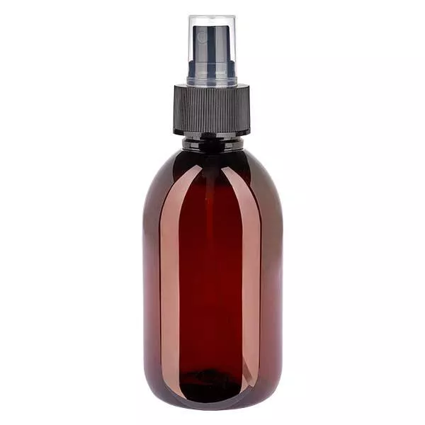 Flacon médical de 250 ml en PET, avec spray noir GCMI 28/410 et capuchon transparent standard