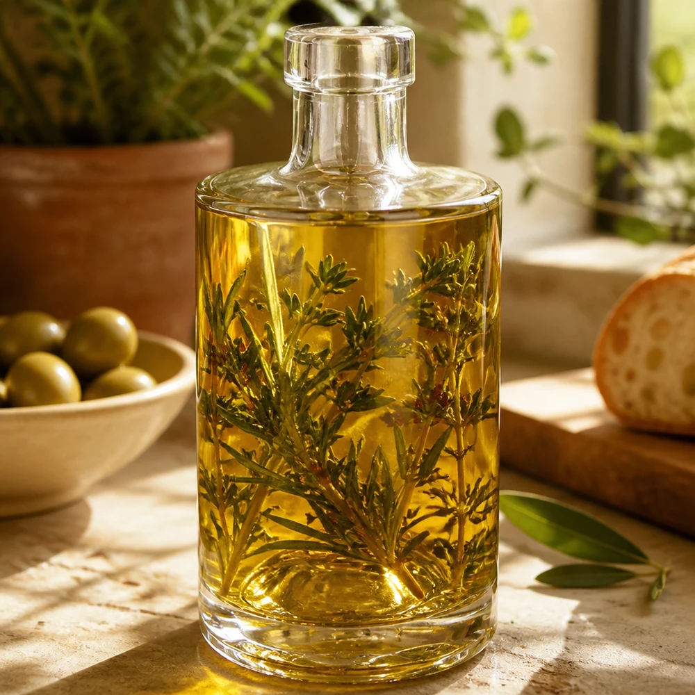 350ml bottiglia di vetro Marie riempito con olio di erbe rametti di rosmarino applicazione decorativa esempio cucina Immagine 2 di 10