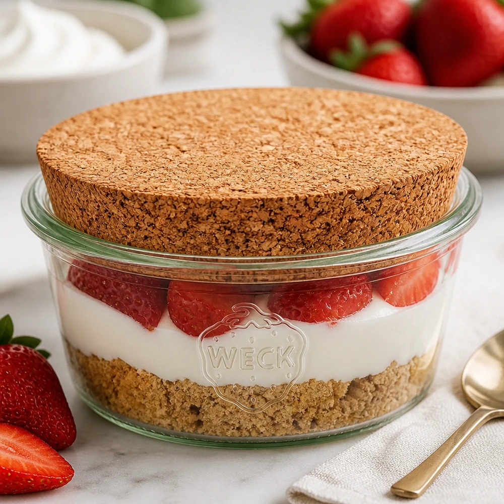 290ml Sturzglas niedrig WECK RR100 mitKorken natur WECK Sturzglas 290ml RR100 mit Naturkorken als Schichtdessert-Glas für Tiramisu mit Erdbeeren gefüllt
