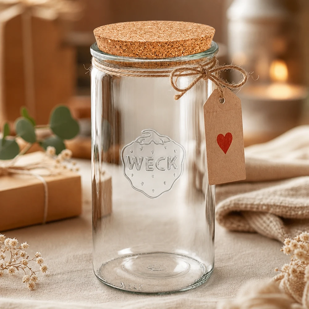Vaso per conserve WECK 1590ml RR100 con coperchio in sughero e targhetta regalo decorata con tessuti e fiori