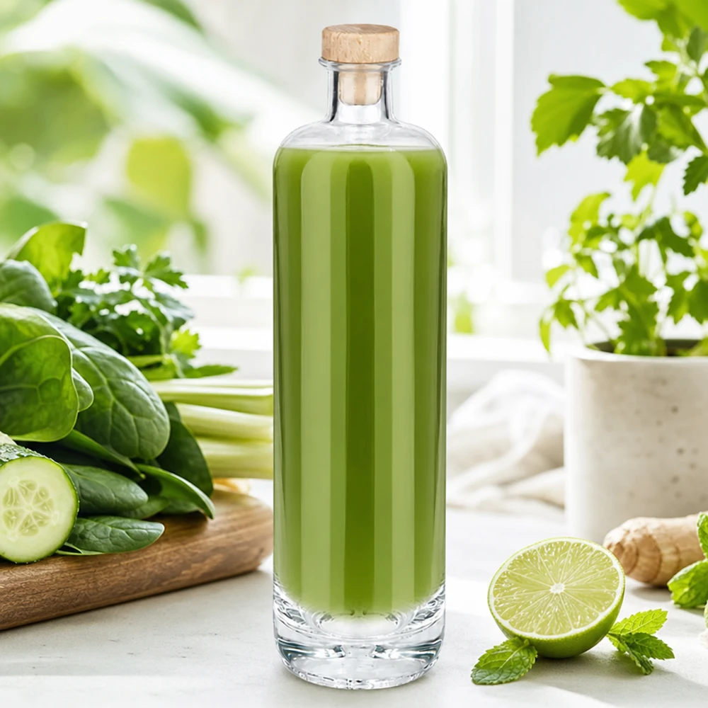 Bottiglia di vetro da 700 ml di Ella riempita con frullato verde e tappo di legno tra cetrioli freschi, lime ed erbe aromatiche