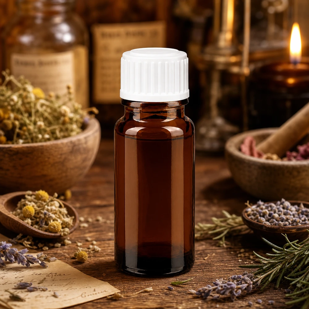 Apothekenflasche braun 10ml Schraubverschluss weiß Standard Dunkle Glasflasche 10ml UV-Schutz weißer Deckel zwischen getrockneten Kräutern und Kerze