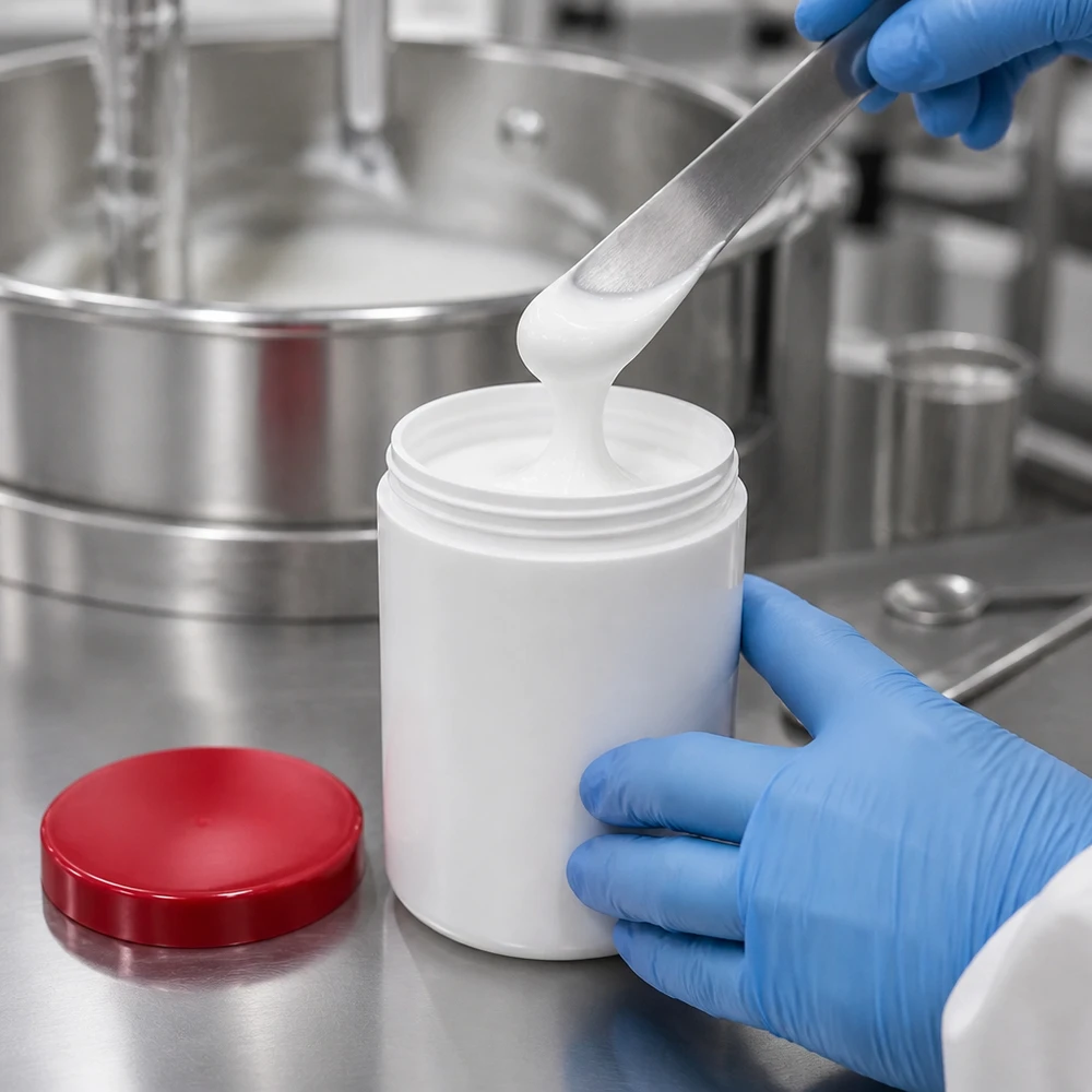Pot en PP blanc de 250 g, de forme cylindrique, avec couvercle à vis rouge sur une surface en acier inoxydable