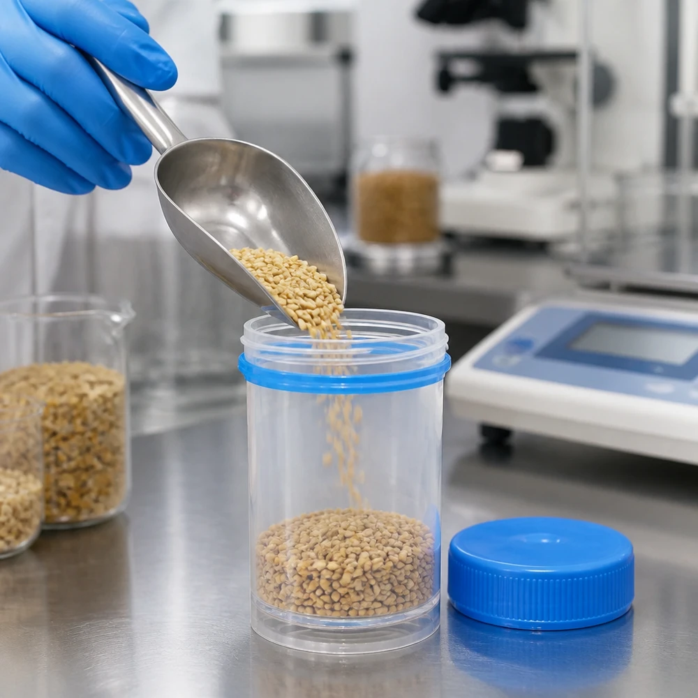 Pot en plastique multiusage de 35 ml Un échantillon alimentaire composé de grains de céréales est placé dans un flacon de laboratoire transparent de 35 ml