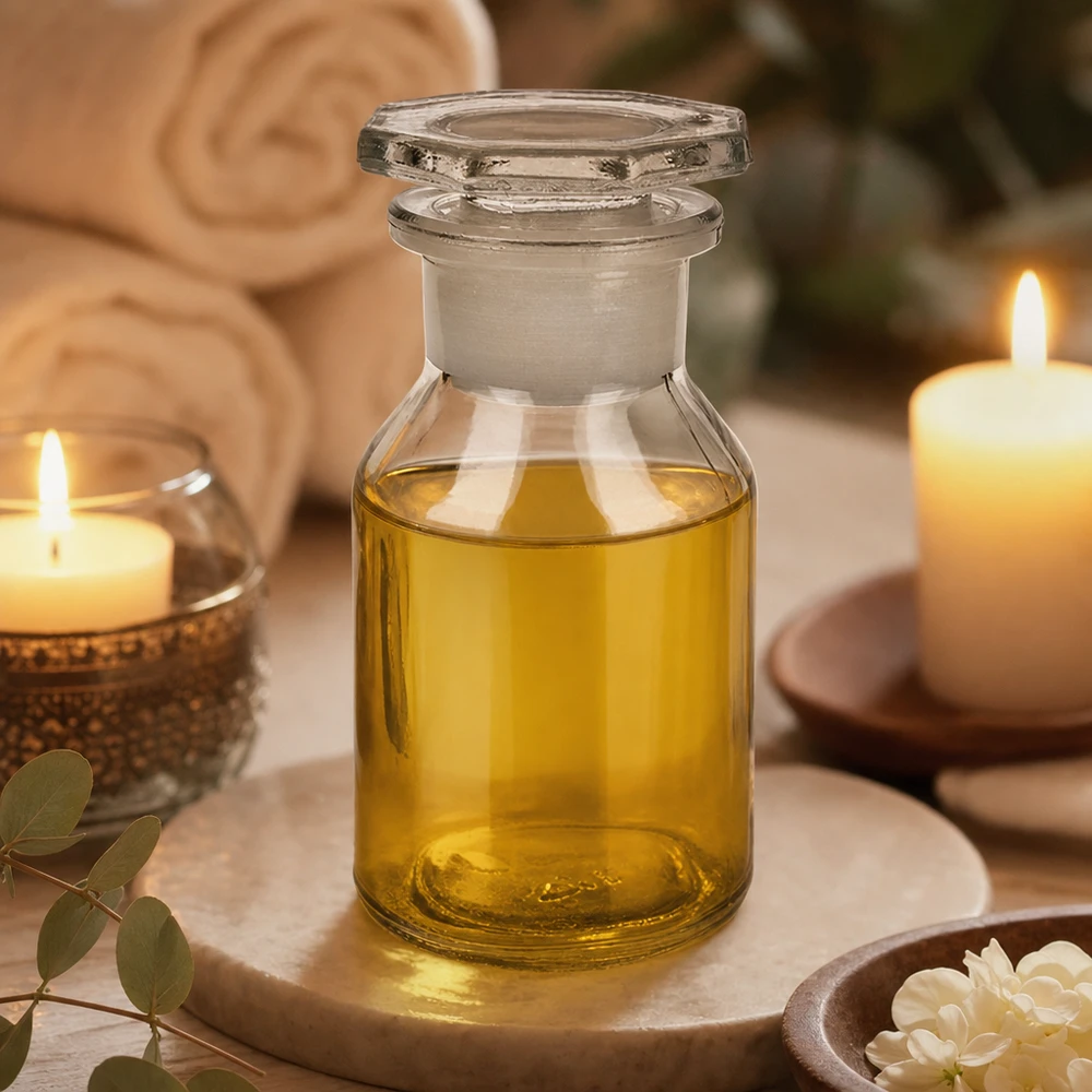 Flacone a fondo piatto da 50 ml, trasparente, a collo largo con tappo in vetro, per oli da massaggio e aromaterapia