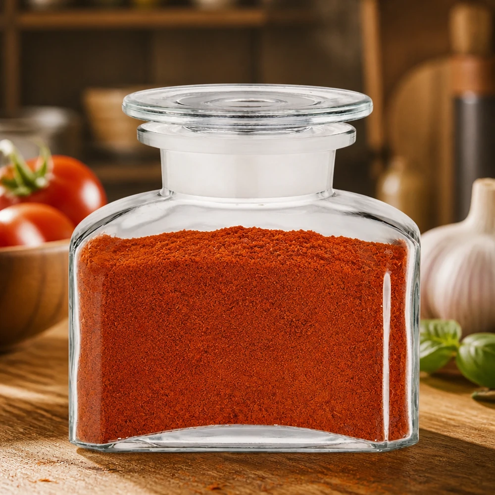 Barattolo quadrato per spezie con collo largo per facilitare il riempimento con paprika macinata