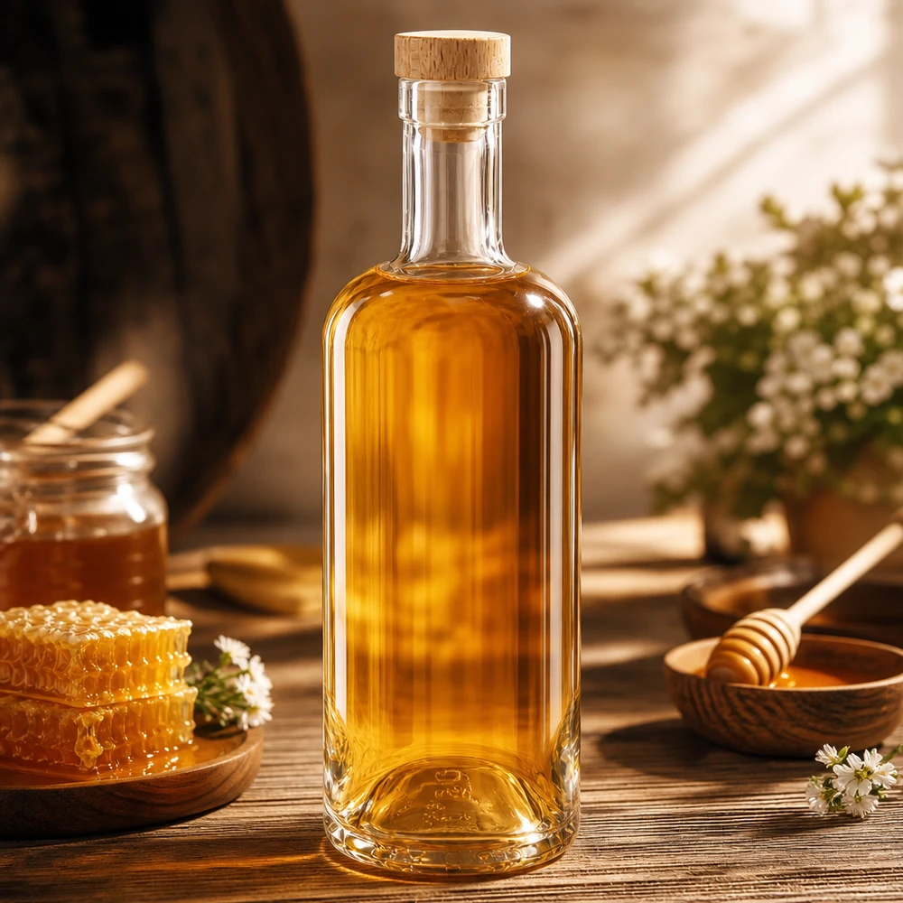 Bottiglia in vetro da 750 ml Emma con tappo in sughero con impugnatura in legno UNiTWIST® Glasflasche Emma 750ml mit Holzkorken gefüllt mit Honig in rustikaler Küche mit Bienenwaben und Honigzubehör