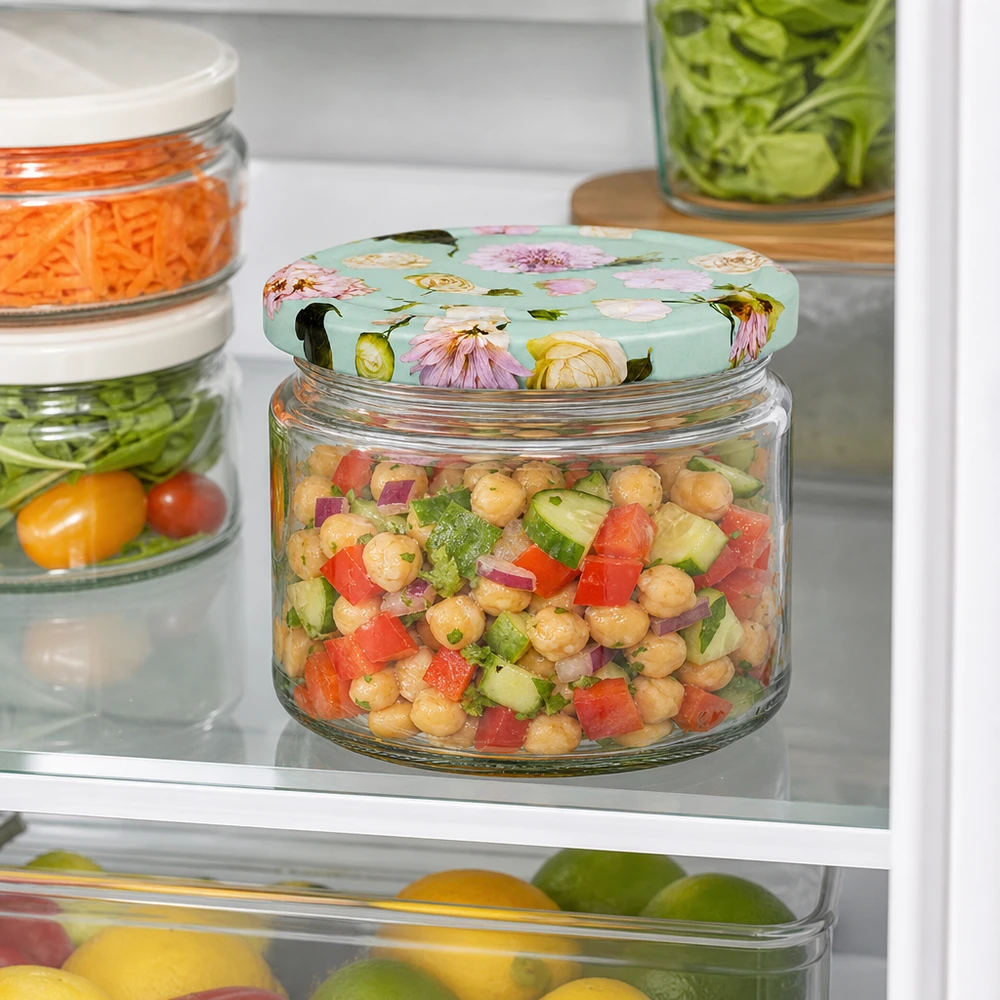 Barattolo rotondo da 330 ml + coperchio BasicSeal flower mint UNiTWIST Insalata di ceci in barattolo rotondo da 330 ml con coperchio BasicSeal contenitore per la preparazione dei pasti in frigo alla menta.