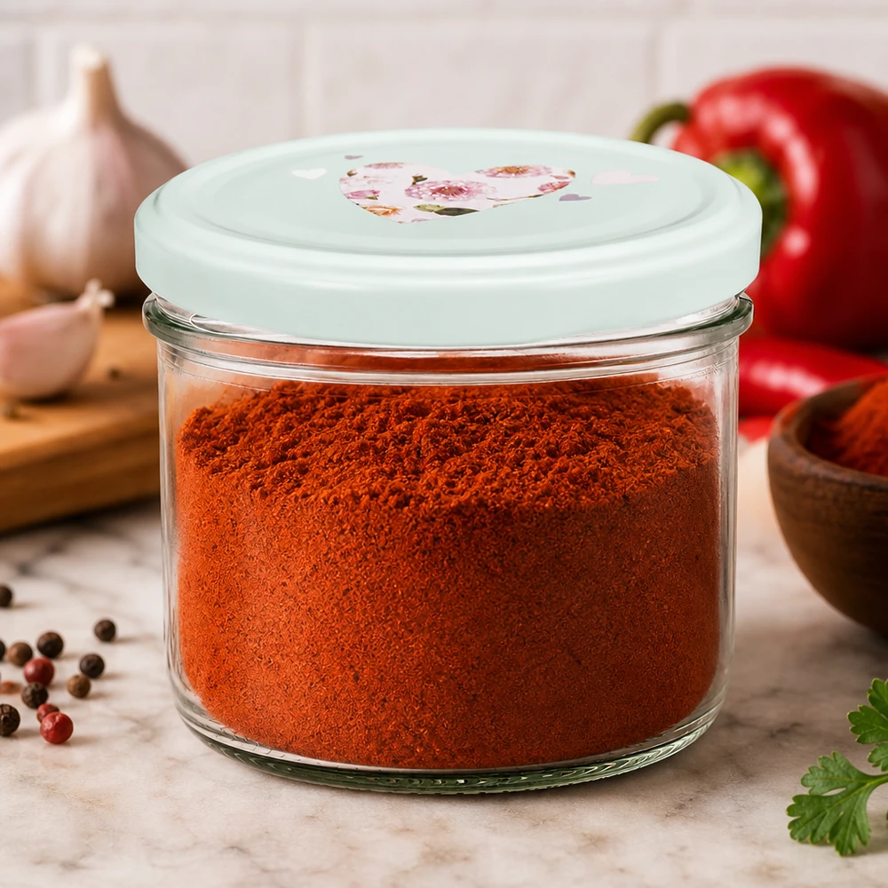 230ml Zylinderglas + BasicSeal Deckel Herz mint 230ml Zylinderglas mit mint BasicSeal Deckel gefüllt mit Paprikapulver, ideal für Gewürzaufbewahrung in der Küche