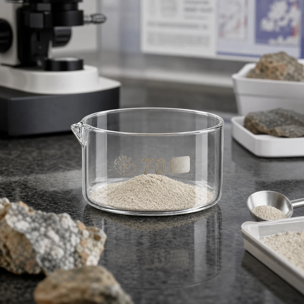 100ml Kristallisierschale mit Ausguss Borosilikat ø70mm Niedrige zylindrische Glasschale mit Ausguss und weißem Pulver in geowissenschaftlichem Labor