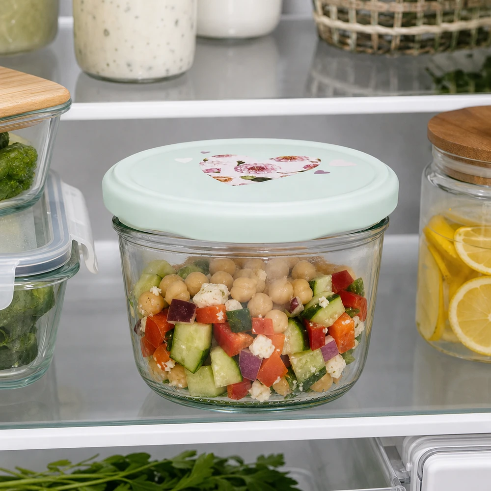 230ml Sturzglas + BasicSeal Deckel Herz mint UNiTWIST 230ml Sturzglas mit Herz-Deckel mint im Kühlschrank, Salat mit Kichererbsen frisch gelagert, praktische Meal-Prep