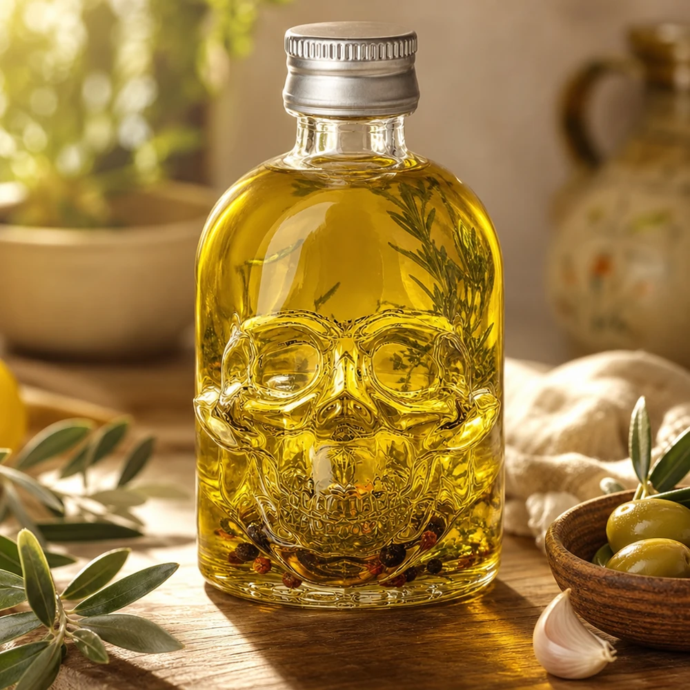 Bottiglia in vetro da 50 ml Hector con tappo a vite argento UNiTWIST® Bottiglia di vetro da 50 ml di Hector riempita con olio d'oliva ed erbe aromatiche insieme a olive e aglio nella cucina mediterranea