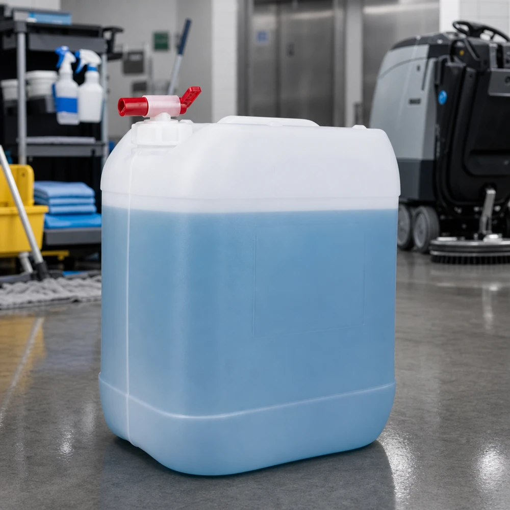Kanister 20 Liter mit Auslaufhahn Quadratischer 20 Liter Kanister mit blauem Inhalt und Ablasshahn für den Profibereich