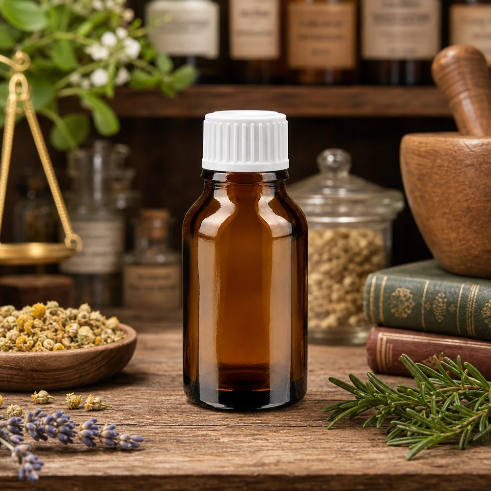 Tropfflasche braun 15ml mit Schraubverschluss weiß neben Kamillenblüten und goldener Waage