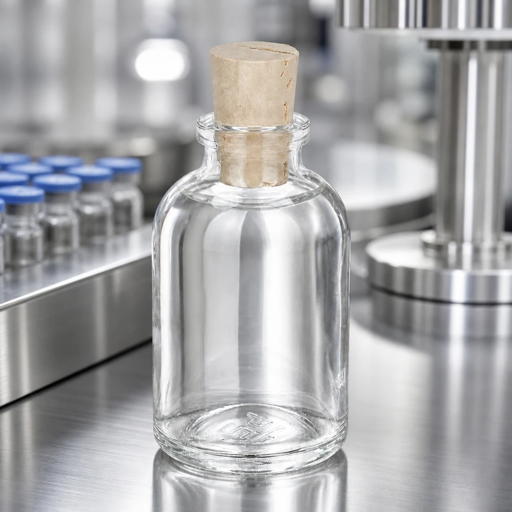 Bottiglia in vetro trasparente da 50 ml con tappo in sughero da 11/14 mm Leere Glasflasche mit breitem Korkverschluss auf glänzender Edelstahlarbeitsplatte im Reinraum