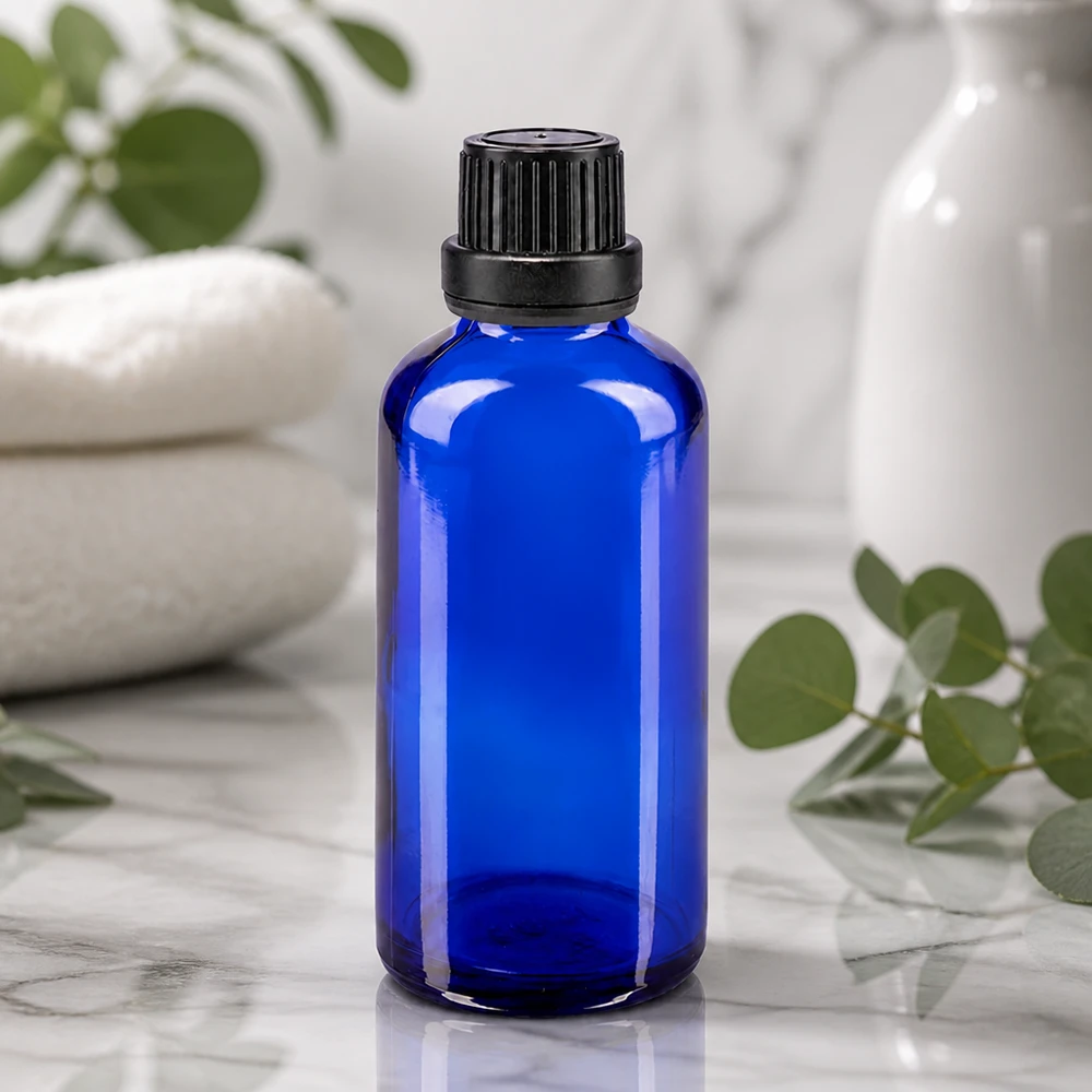 Rundschulterflasche 50ml Blauglas mit 11mm Schraubverschluss schwarz vor Marmorhintergrund