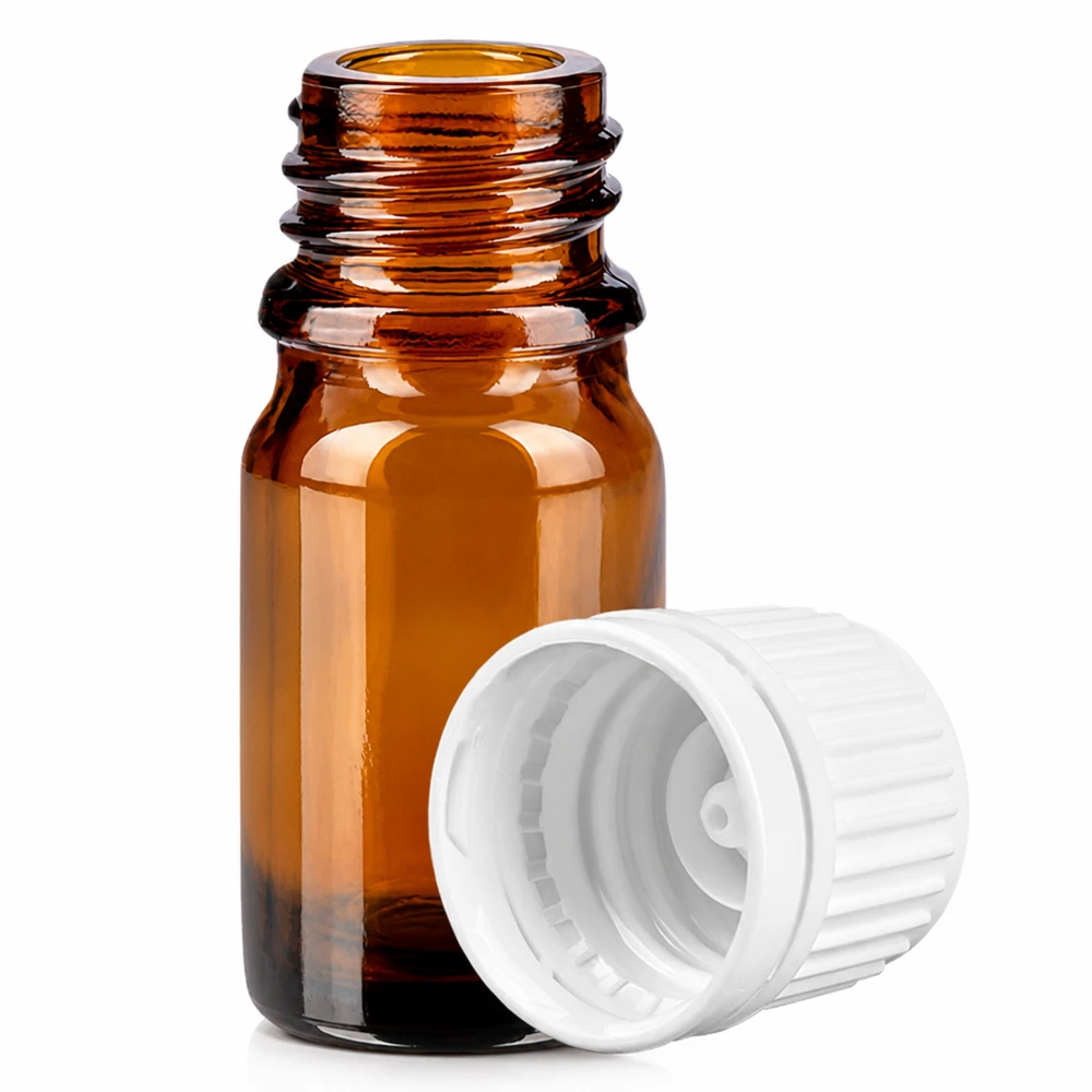 Flacone da farmacia ambrato da 5 ml con chiusura di sicurezza per bambini e tappo bianco per una conservazione sicura