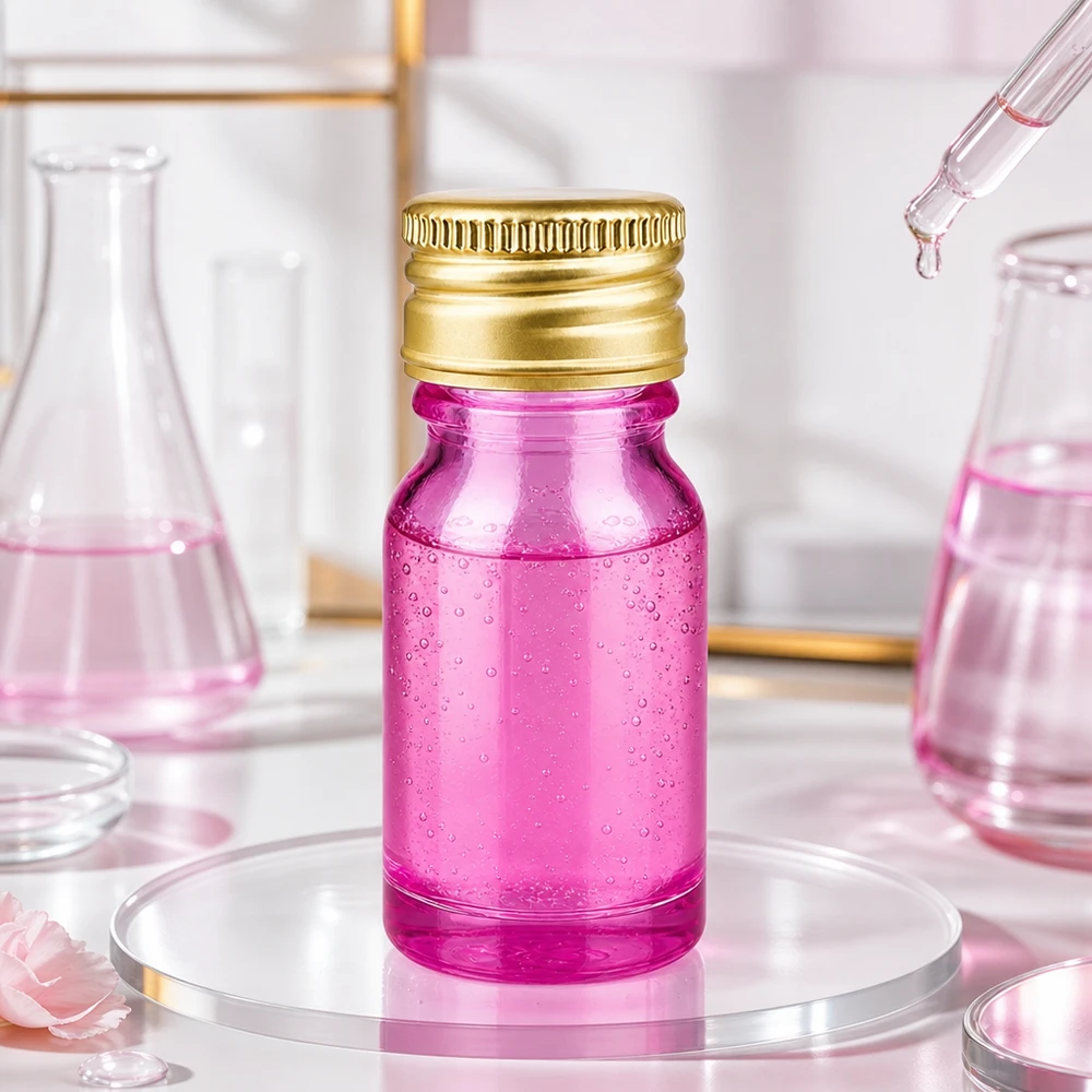 Elegante flacone da 10 ml in viola con tappo dorato, perfetto per prodotti cosmetici di alta qualità