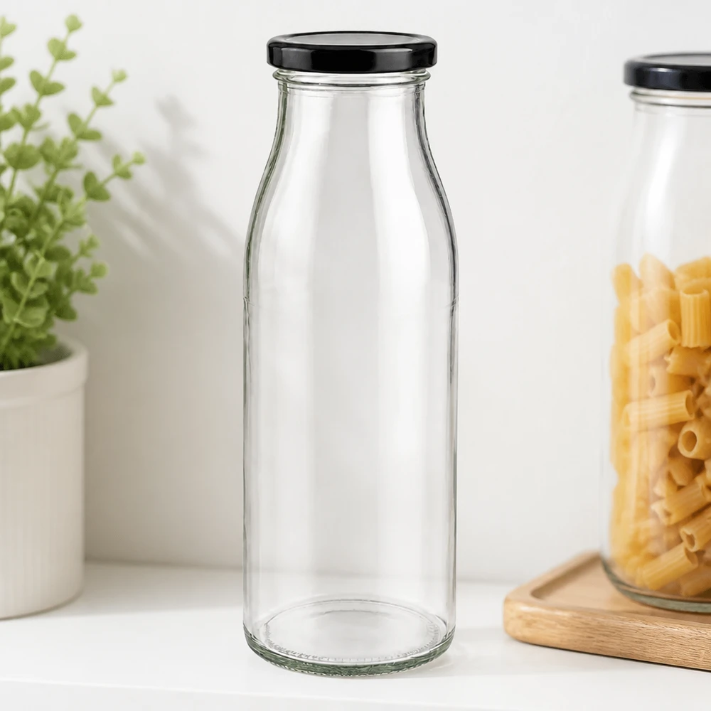 Bottiglia in vetro trasparente da 500 ml vuota con coperchio nero BasicSeal in un elegante design da cucina con pasta ed erbe aromatiche