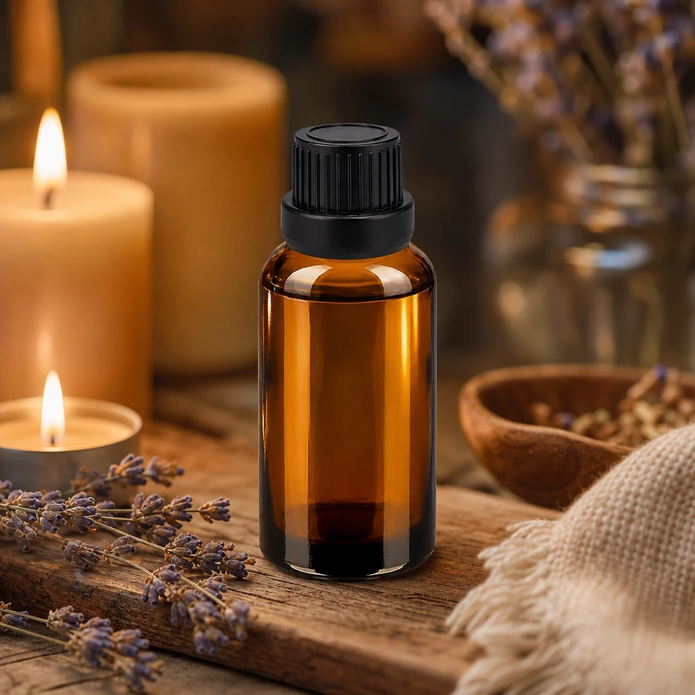Flacone in vetro ambrato di alta qualità da 30 ml con sistema di gocciolamento nero per una porzionatura precisa delle essenze