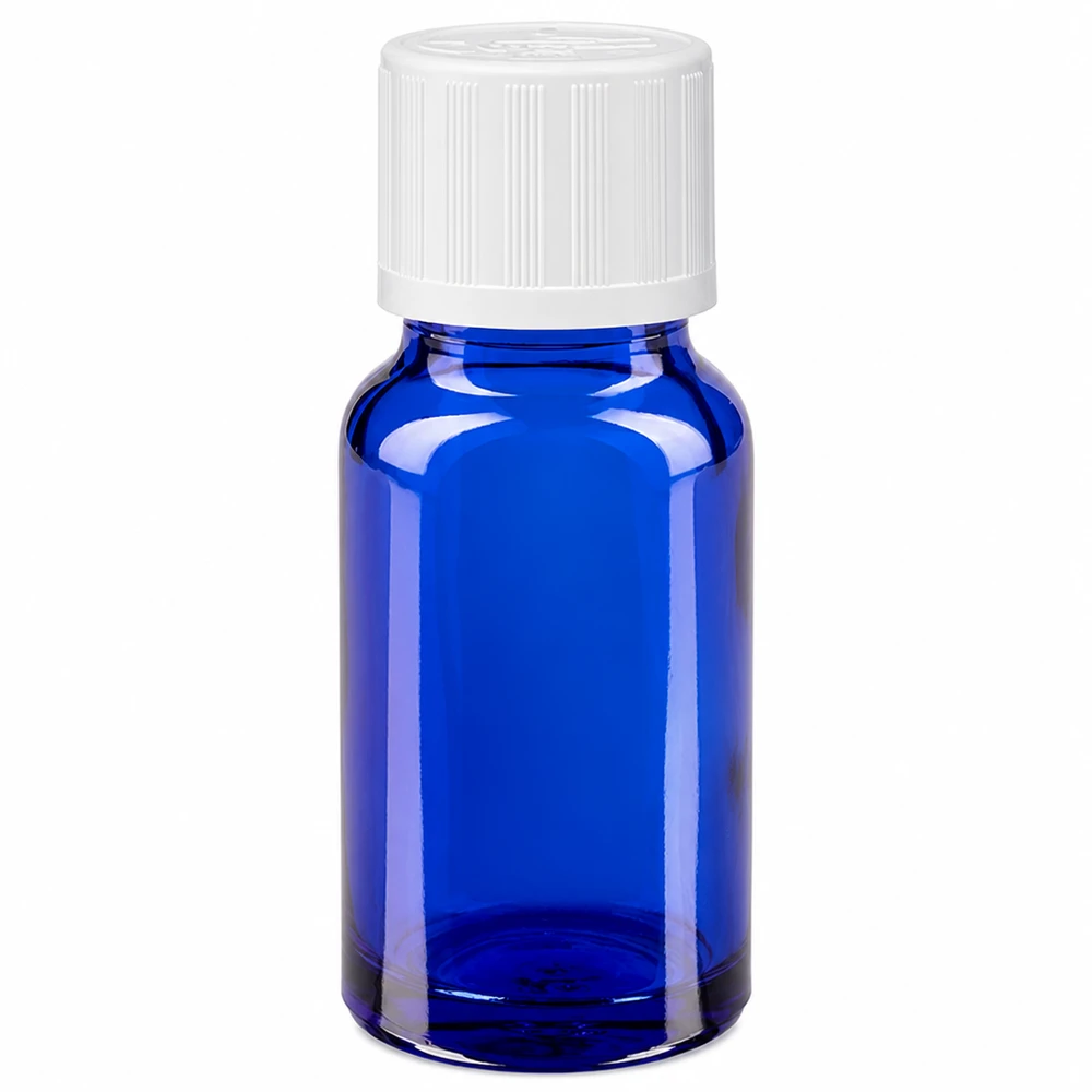 Blaue UV-Schutz Glasflasche 10ml mit weißem KiSi-Deckel für pharmazeutische Tropfen